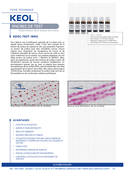 Test inks &lt; 28mN/m and 38–42mN/m