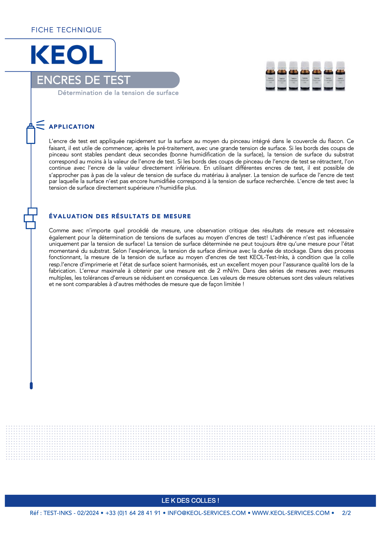 Test inks &lt; 28mN/m and 38–42mN/m